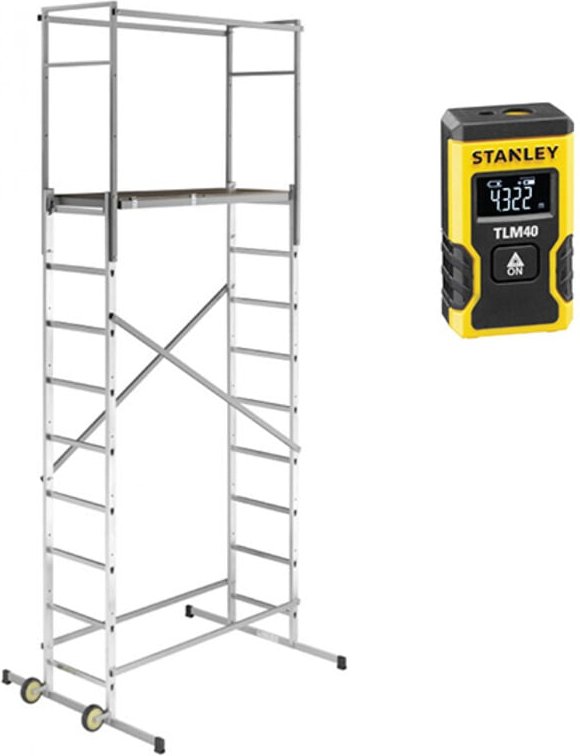 Heimwerker Gerüst: 4,5m maxi. Arbeitshöhe, mit Stufenausgleich und Fahrbalken + Stehleiter 3 Stufen - 9475-901-Q50/3