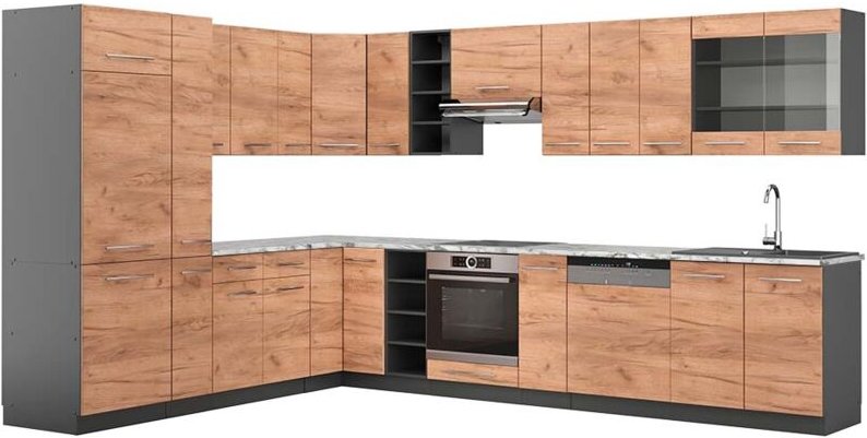 Eckküche Fame-Line, Goldkraft Eiche/Anthrazit, 347 x 257 cm , AP Marmor, Vicco