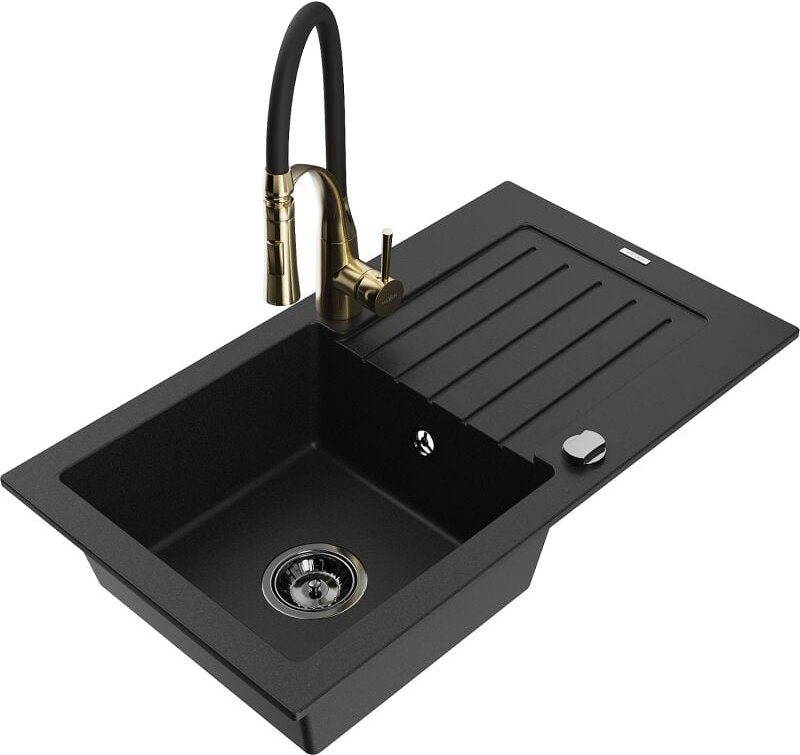 Pablo 1 Becken-Granitspüle mit Abtropffl√§che und Mischbatterie Aster, Schwarz - 6510-77-73450-57-B - Mexen