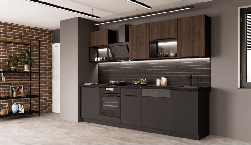 Küchen Preisbombe - Küche siena + monza basic loft 280 cm Küchenzeile Küchenblock Einbauküche Nussbaum Okapi + Schwarz m...