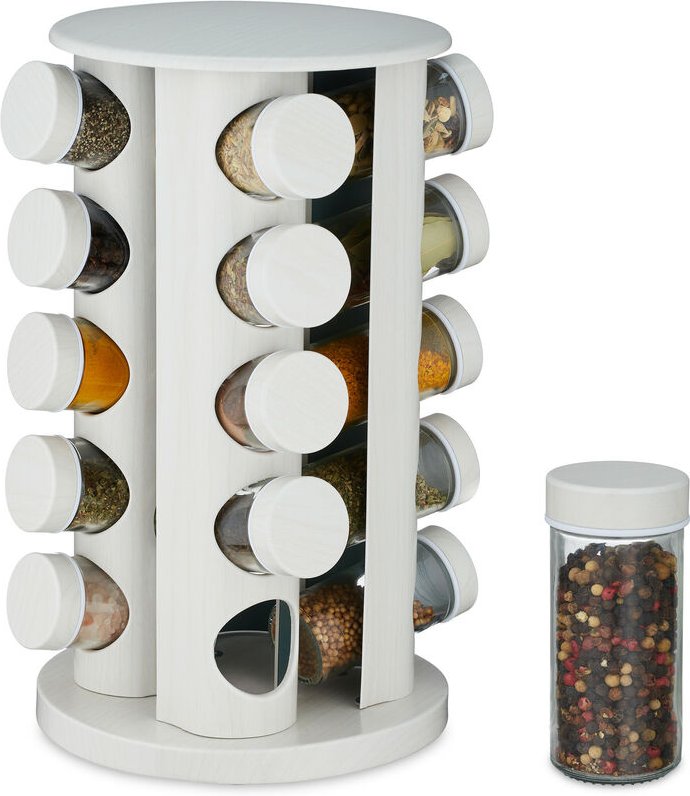 Relaxdays - Gewürzkarussell, 20 Gewürzgläsern, Streueinsatz, 360° drehbar, Gewürzbar, HxD: 33,5 x 19 cm, Holzoptik, weiß