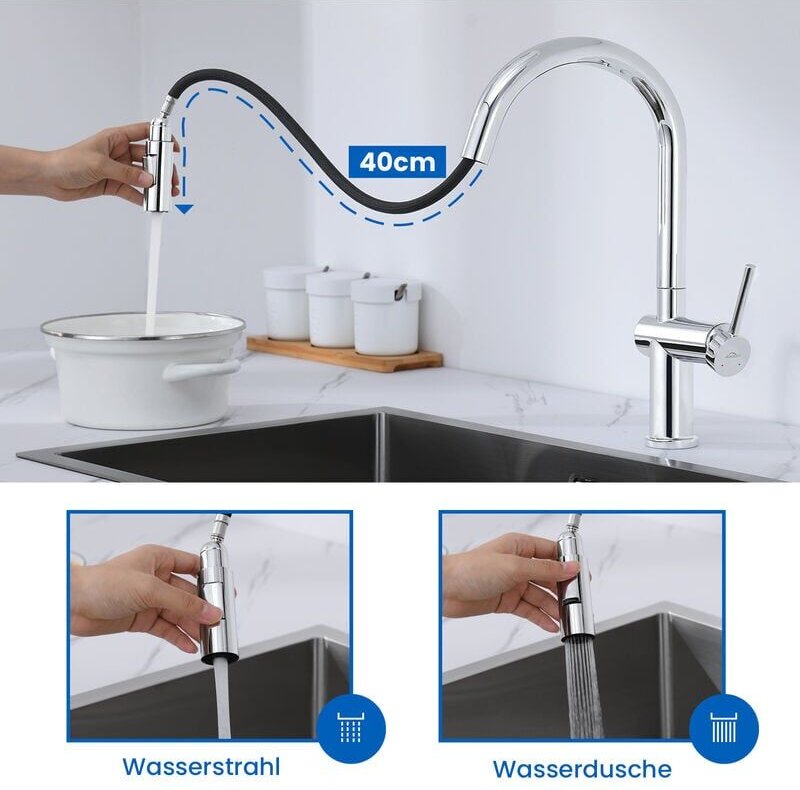 Ausziehbar Küchenarmatur Spültischarmatur Küche mit Brausekopf, hohe Auslauf Mischbatterie, Hochdruck Einhebel Wasserhah...