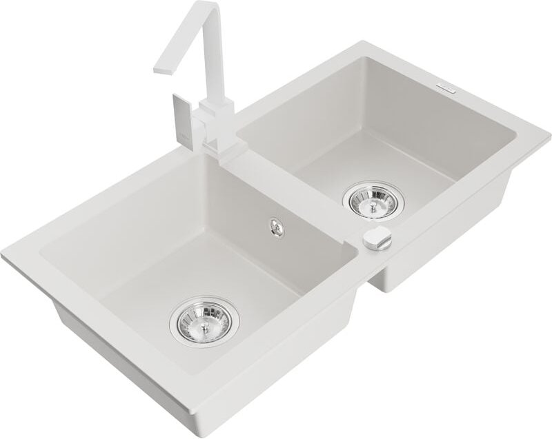Mario 2-Becken-Granitspüle mit Mischbatterie Rita, Weiß - 6504-20-670300-20 - Mexen