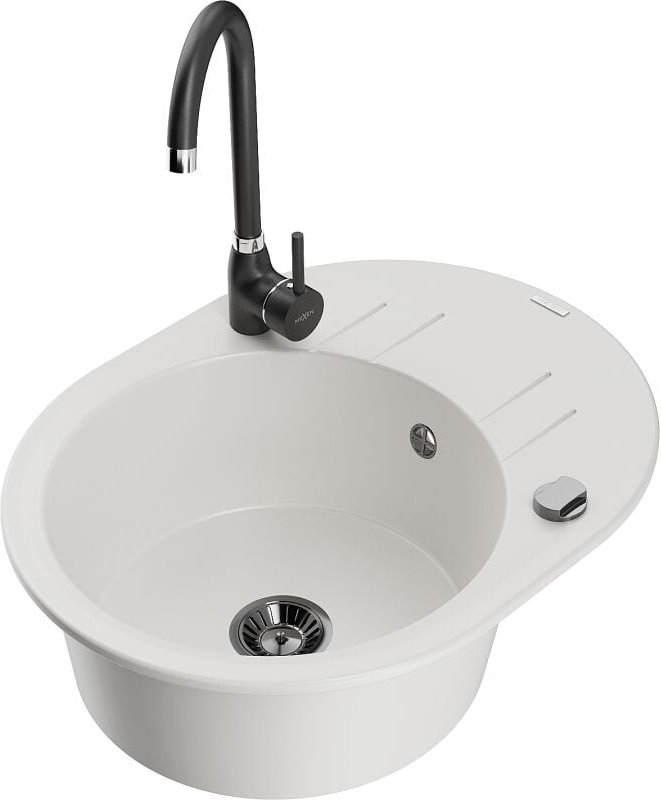 Kevin 1 Becken-Granitspüle mit Abtropffl√§che und Mischbatterie Telma, Wei√ü - 6517-20-670200-70 - Mexen