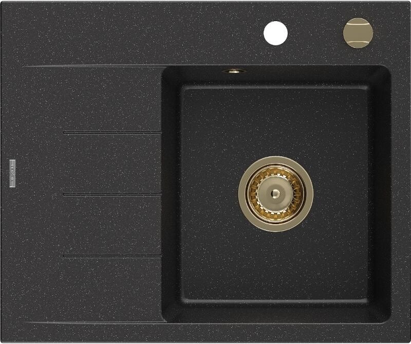 Ben Granitspüle, 1-beckig mit Abtropffl√§che rechts 600 x 500 mm schwarz/silber metallic, goldener Siphon - 6523605000-7...