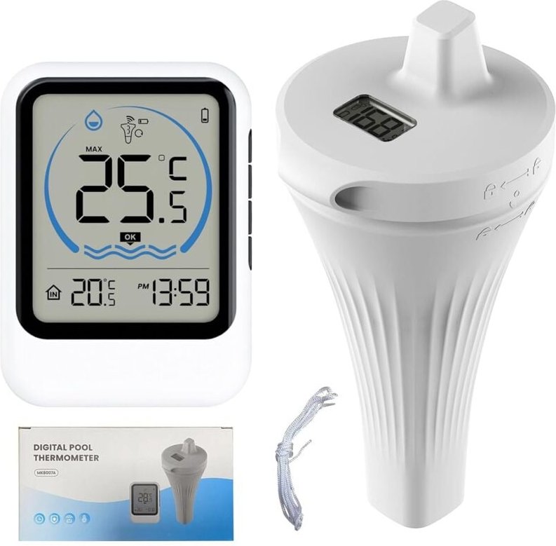 Kabellos verbundenes Poolthermometer, IP68 wasserdicht, 50 m Reichweite (80–120 m ohne Hindernis), schwimmender Wasserte...