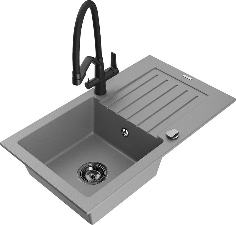 Pablo 1 Becken-Granitspüle mit Abtropffläche und Mischbatterie Duo, Grau - 6510-71-671701-70-B - Mexen