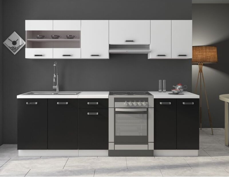 Küchen Preisbombe - Küche Omega 240 cm Küchenzeile Küchenblock variabel stellbar in Schwarz Weiss