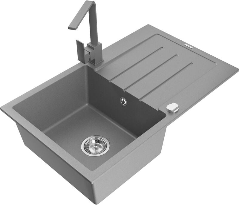 Bruno 1 Becken-Granitspüle mit Abtropffläche und Mischbatterie Rita, Grau - 6513-71-670300-71 - Mexen