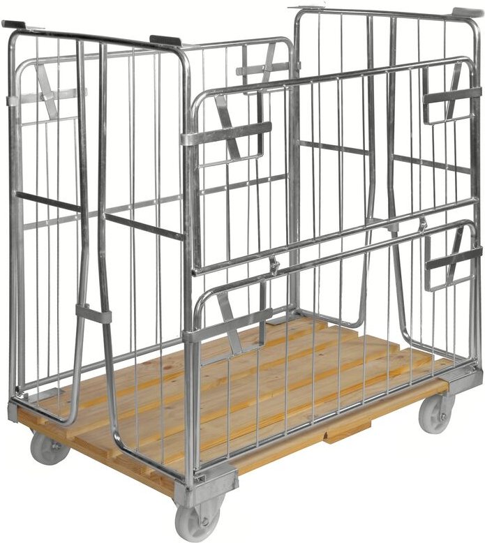 Kongamek Rollcontainer verzinkt 1200x800x1420mm mit Holzboden, 4 Gitterwänden und 1 Tür in der Hälfte zu öffnen ohne Bre...