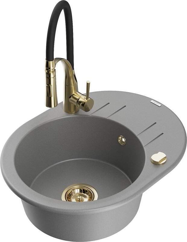 Kevin 1 Becken-Granitspüle mit Abtropffl√§che und Mischbatterie Aster, Grau - 6517-71-73450-57-G - Mexen