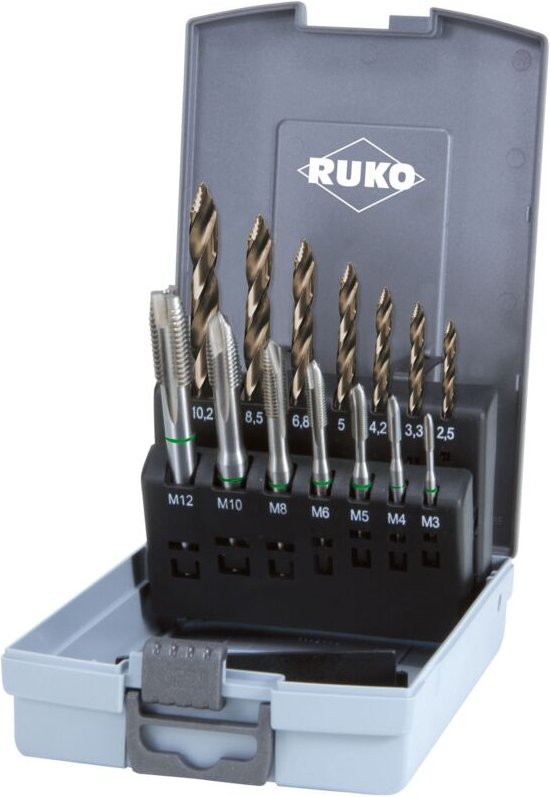 Ruko - Maschinengewindebohrer HSSE-Co 5 + ultimatecut Spiralbohrer din 338 Typ flowstep® HSSE-Co 5 in Kunststoffkassette