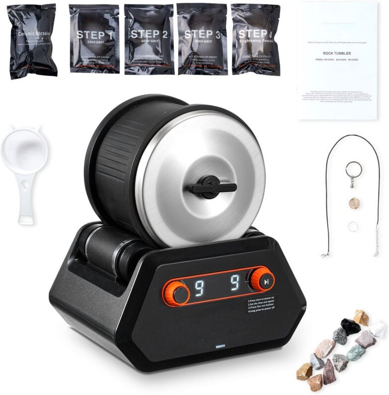 Mophorn Steinpolierset, 4 lbs Steinpoliermaschine, 9 Geschwindigkeitsstufen, 9-Tage-Timer, Steinpolierer mit groben Edel...