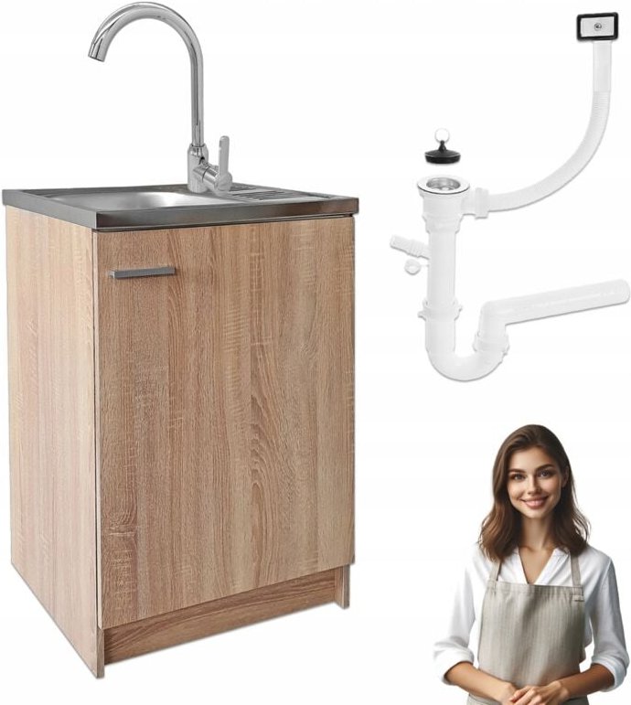 STAMAR Küchenunterschrank 60 slim - Sonoma Eiche - mit Spüle und Chromarmatur - ideal für kleine Räume