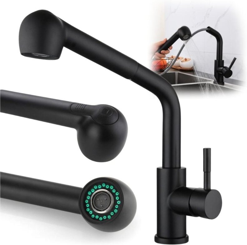 Küchenarmatur mit Ausziehauslauf 360°, schwarz, freistehend, Spüle