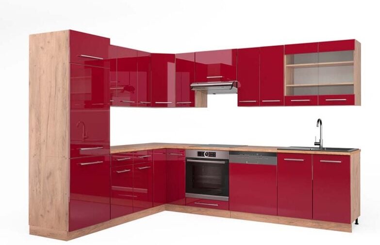 Vicco - Eckküche Fame-Line, Bordeaux Hochglanz/Goldkraft Eiche, 227 x 287 cm , ap Eiche