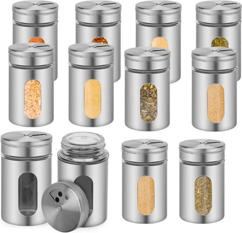 Thumbnail - 12er SetGewürzstreuer Salz & Pfeffer,80ml Glas-Gewürzgläser mit Sichtfenster & 3 Streugrößen zur Aufbewahrung von Gewürz...