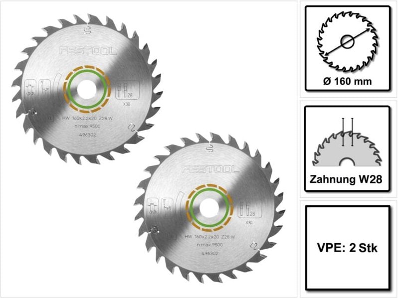 2x Festool Universal Kreissägeblatt W28 160 x 2,2 x 20 mm 160 mm 28 Zähne ( 496302 ) ts tsc atf ap