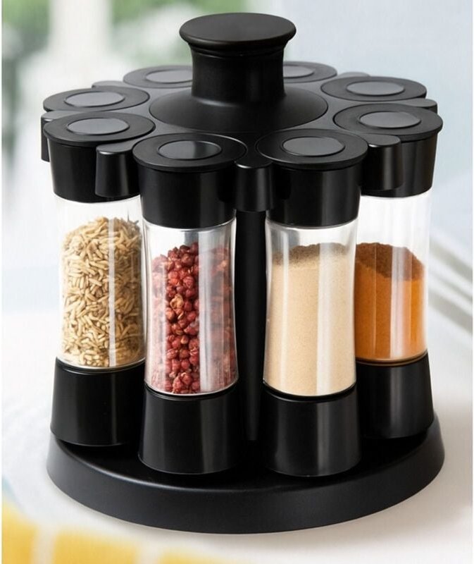 Gewürzrondell drehbar mit 8 Gewürzstreuern – Klick-Dosiersystem & Streufunktion – Gewürzkarussell aus Kunststoff – leich...