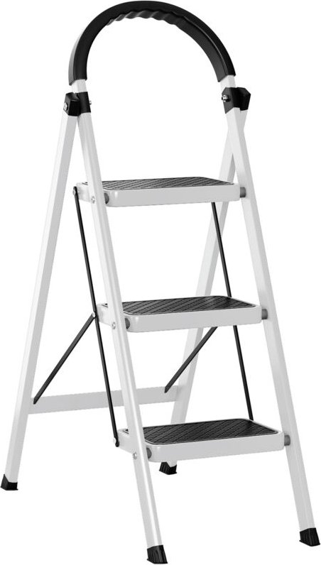 Leiter, 3-stufige Klappleiter, Tragkraft 150 kg, Rutschfeste Stufen, Verdickter Rohrkörper, 90×52×38 cm, Weiß.