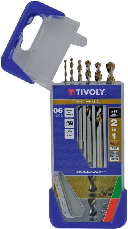 Box mit 6 2in1-Holz-Metall-HSS-Bohrern ø 2 bis 8 mm - Tivoly
