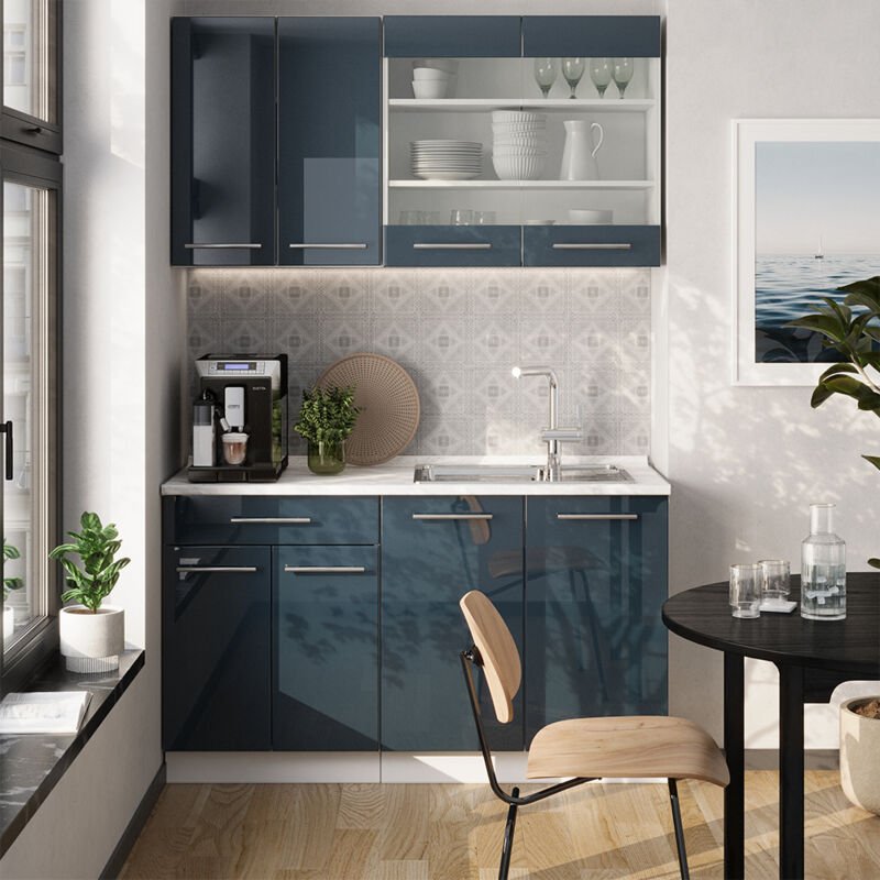 Küchenschränke Fame-Line, Dunkelblau Hochglanz/Weiß, 140 cm , AP Eiche, Vicco