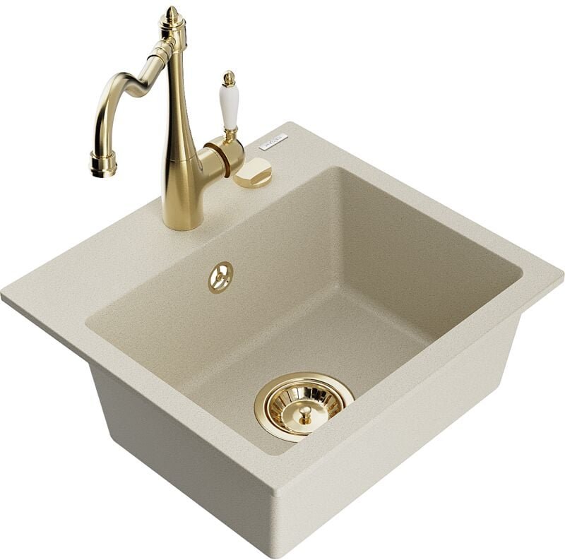 Mexen Milo 1-Becken-Granit-Spüle mit Mischbatterie Carla, Beige - 6505-69-670700-50