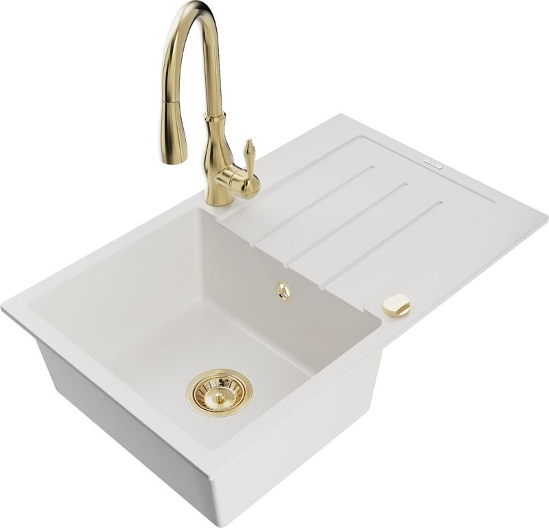 Bruno 1 Becken-Granitspüle mit Abtropffläche und Mischbatterie Savita, Weiß - 6513-20-672601-5 - Mexen