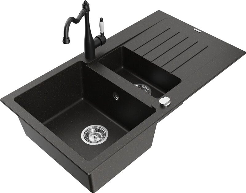 Matias 1,5-Becken-Granitspüle mit Abtropffläche und Mischbatterie Carla Schwarz/Gold metallisc - Mexen