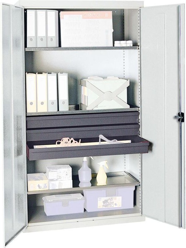 Werkzeug- und Materialschrank Serie 3000 lichtgrau + 3 Schublade 100 mm + 3 Auszugsböden durchgehend - 3008207 - Stumpf