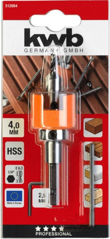 KWB - hss Hartholzbohrer mit Tiefenstopp und Senker, ø 4 mm - 512004