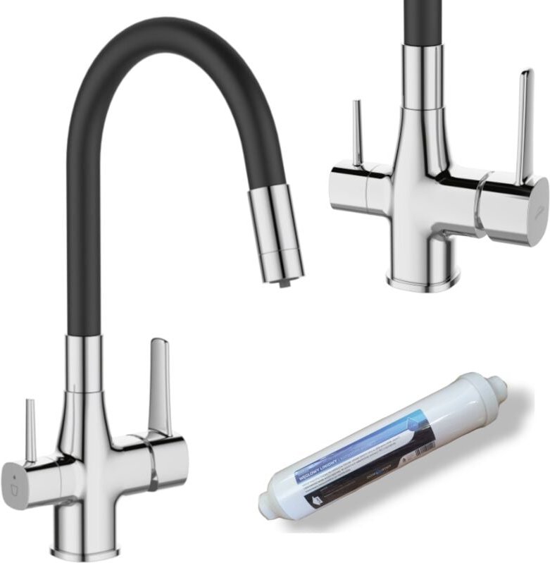 Invena GLAMOUR Küchen- und Spültischarmatur mit Kohlefilter, Chrom/Schwarz