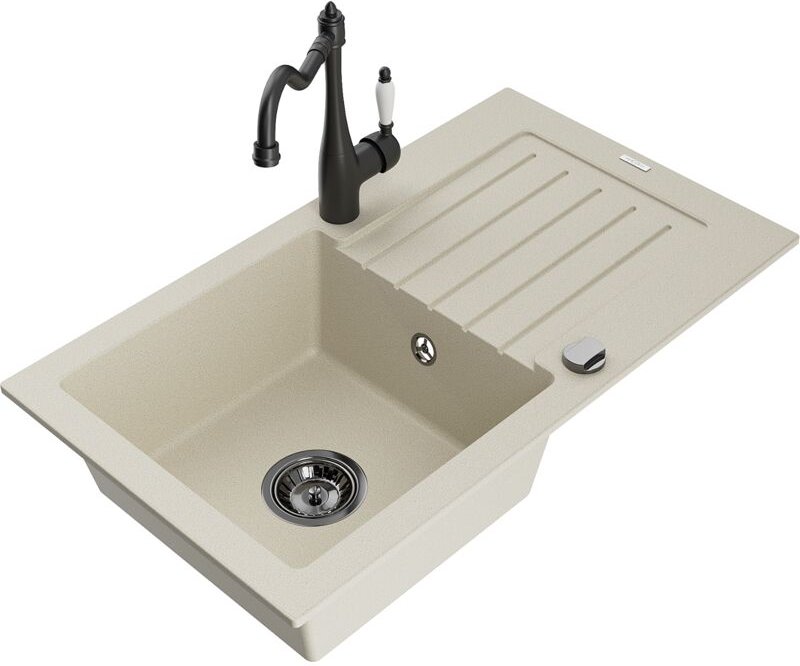 Pablo 1 Becken-Granitspüle mit Abtropffläche und Mischbatterie Carla, Beige - 6510-69-670700-7 - Mexen