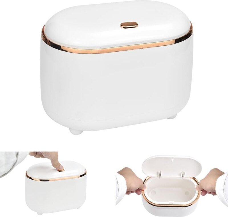 Thumbnail - Tisch-Mülleimer mit Druckknopfdeckel, kleiner Badezimmer-Mülleimer, Mini-Desktop-Mülleimer (weiß)