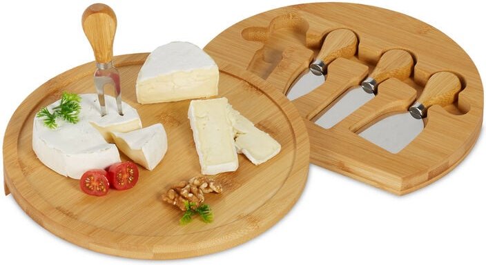 Relaxdays Käsebrett mit Käsemesser Set, HD 4 x 25 cm, drehbare Käseplatte, 4-tlg. Käsebesteck, Bambus & Edelstahl, natur