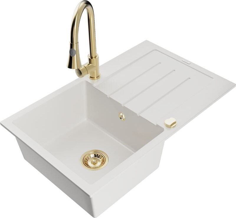 Mexen Bruno 1 Becken-Granitspüle mit Abtropffläche und Mischbatterie Elia, Weiß - 6513-20-670101-50