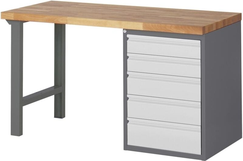 STIER Werkbank Premium, 5 Schubladen, 150x70x89cm, aus pulverbeschichtetem Stahl und Buche, ideal für vielfältige Montag...