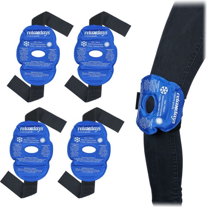 Thumbnail - Relaxdays - Kühlpads Knie, 4er Set, Kalt Warm Kompressen, wiederverwendbar, Gel Kühlbandage mit Klettverschluss, blau