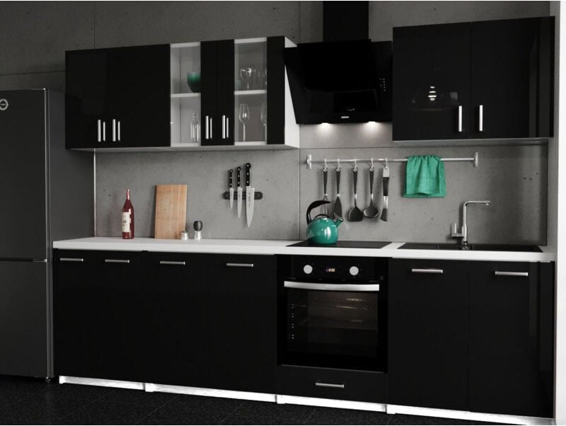 Küche Küchenzeile Leco schwarz Hochglanz 280cm-weiß
