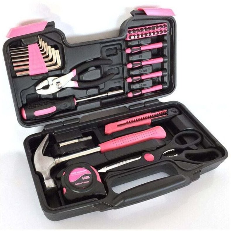Thumbnail - 39-teiliger rosa Werkzeugkasten für Damen, komplettes und tragbares Heimwerker-Set mit Zange, Hammer, Schraubendreher – ...
