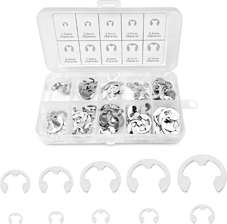200 Stück Sicherungsringe aus Edelstahl, E-Clips, Sicherungsringe für außen, mit Aufbewahrungsbox, 10 Größen 1,5–10 mm, ...