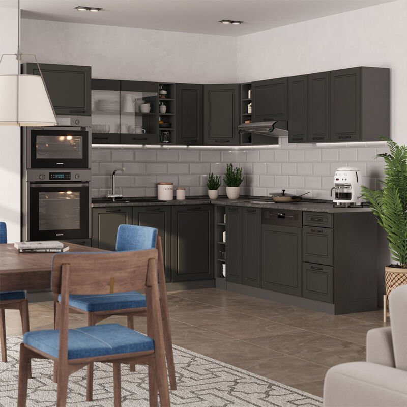 Thumbnail - Vicco - Eckküche R-Line, Anthrazit Landhaus/Anthrazit, 237 x 247 cm , ap Anthrazit