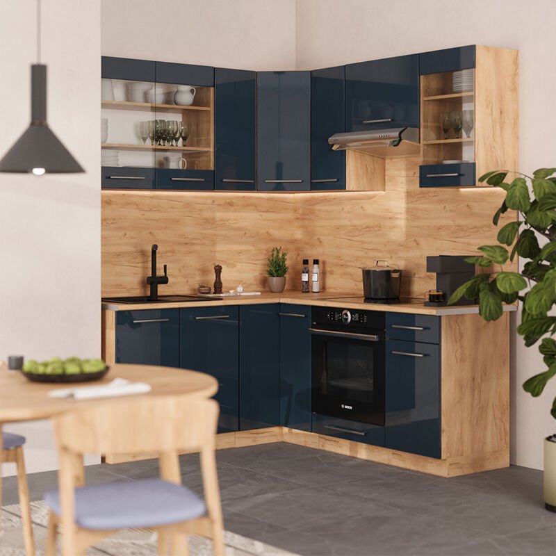 Vicco - Eckküche Fame-Line, Dunkelblau Hochglanz/Goldkraft Eiche, 160 x 190 cm , ap Anthrazit