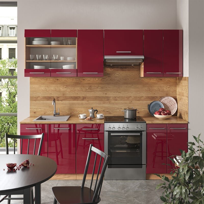 Vicco - Küchenzeile Fame-Line, Bordeaux Hochglanz/Goldkraft Eiche, 240 cm ohne Arbeitsplatte