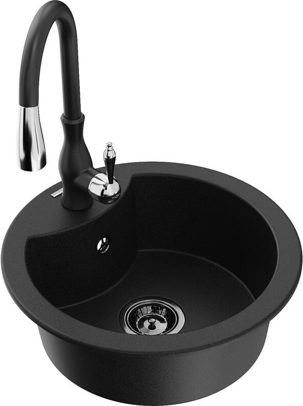 Diego 1-Becken-Granit-Spüle mit Mischbatterie Savita, Schwarz - 6512-77-672601-70-B - Mexen