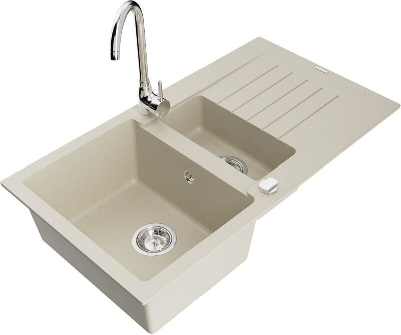 Mexen Matias 1,5-Becken-Granitspüle mit Abtropffläche und Mischbatterie Telma, Beige - 6502-69-67020
