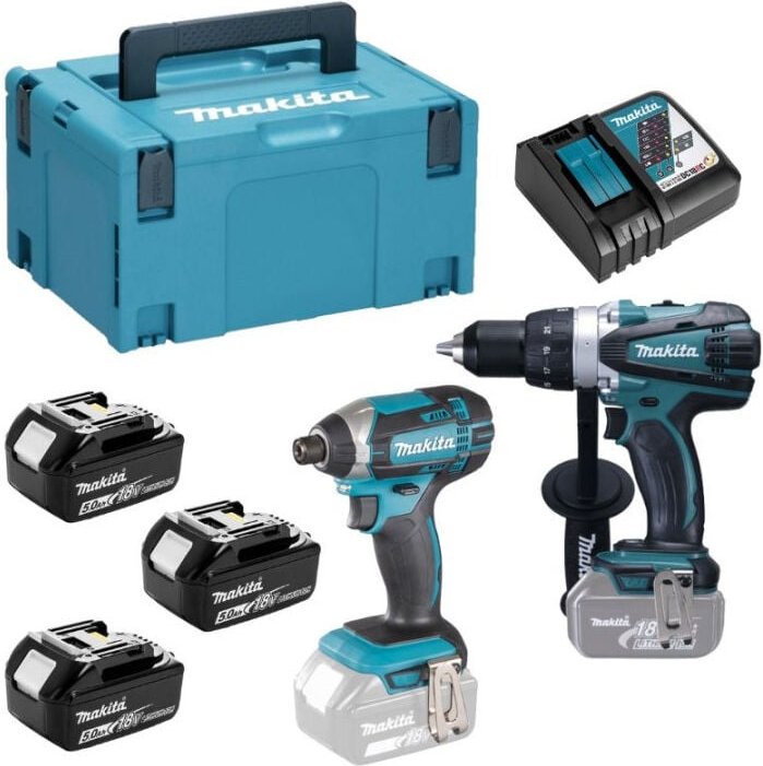 Makita - 2er-Set 18V Bohrer DDF458 + Schlagschrauber DTD152 + 3 Batterien, Ladegerät, Koffer - DLX2144TJ1