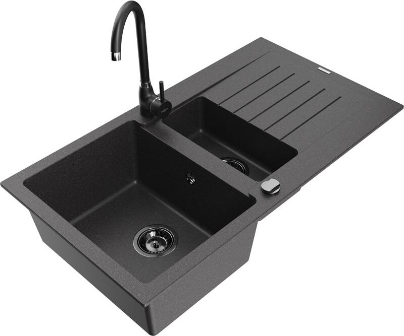 Matias 1,5-Becken-Granitspüle mit Abtropffläche und Mischbatterie Telma, Schwarz gesprenkelt - - Mexen