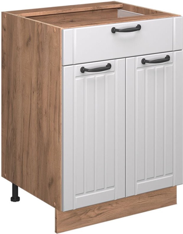 Küchenunterschrank Fame-Line, Weiß Landhaus, 60 cm mit Schublade, AP Eiche, Vicco