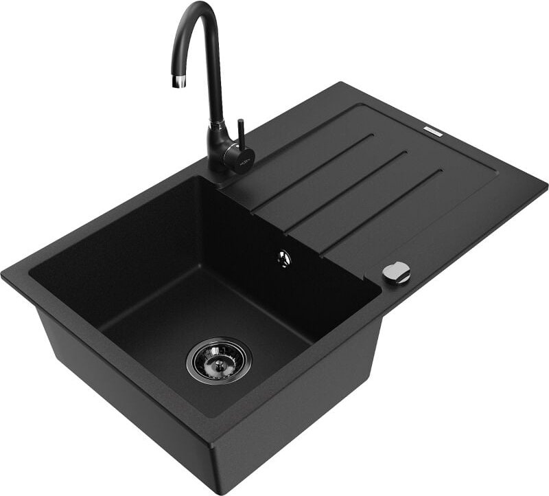 Mexen Bruno 1 Becken-Granitspüle mit Abtropffläche und Mischbatterie Telma, Schwarz - 6513-77-670200-70-B